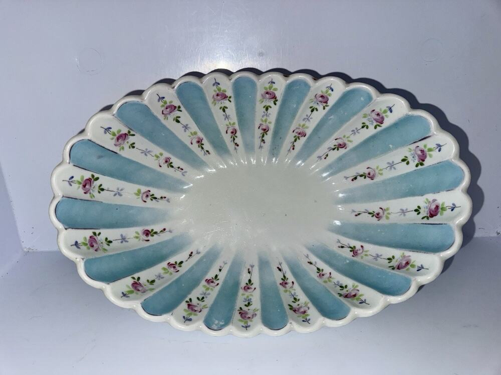 Antique Porcelain German Serving Bowl Hand Painted Blue Panels Pink Roses